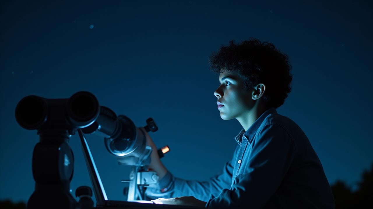 Ein junger Astronom kalibriert nachts ein professionelles Spiegelteleskop unter einem klaren Sternenhimmel