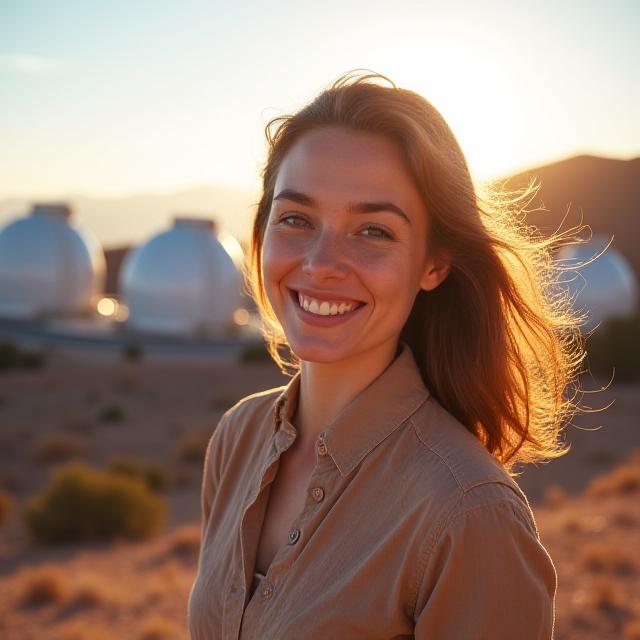 Eine junge Forscherin lächelt vor der Kulisse der Paranal-Observatorien in der Atacama-Wüste