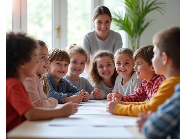 Kinder sitzen in einem Kreis und heben die Hände zur Abstimmung bei einer altersgerechten Debatte, symbolisiert Demokratie-Bildung.