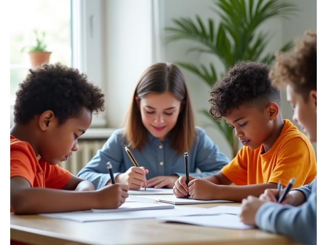 Drei Kinder sitzen konzentriert an einem Tisch und machen Hausaufgaben, betreut von einem freundlichen Erwachsenen, der unterstützend daneben sitzt.