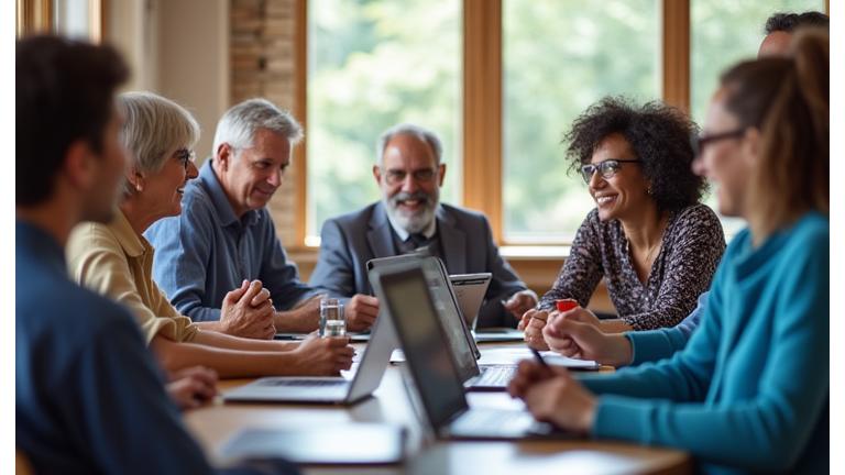 Diverse Menschen unterschiedlichen Alters und Hintergrunds lernen in einem Digital-Café den Umgang mit Computern und Tablets, symbolisierend digitale Inklusion.