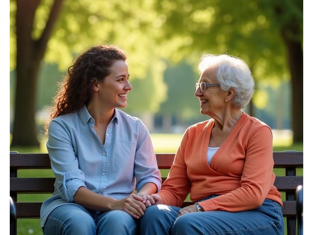 Eine junge Frau lacht und unterhält sich mit einer älteren Dame auf einer Parkbank.
