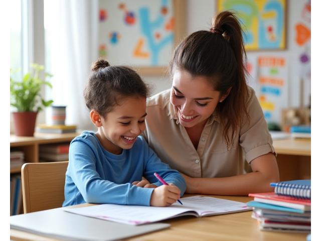 Eine lächelnde Frau hilft einem Kind bei Hausaufgaben in einer hellen, freundlichen Umgebung.