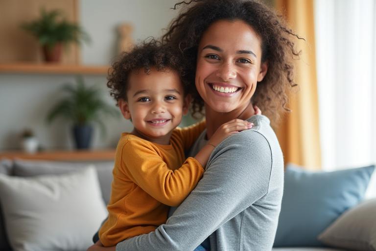 Eine lächelnde alleinerziehende Mutter umarmt ihr Kind liebevoll in einem hellen, aufgeräumten Zuhause. 