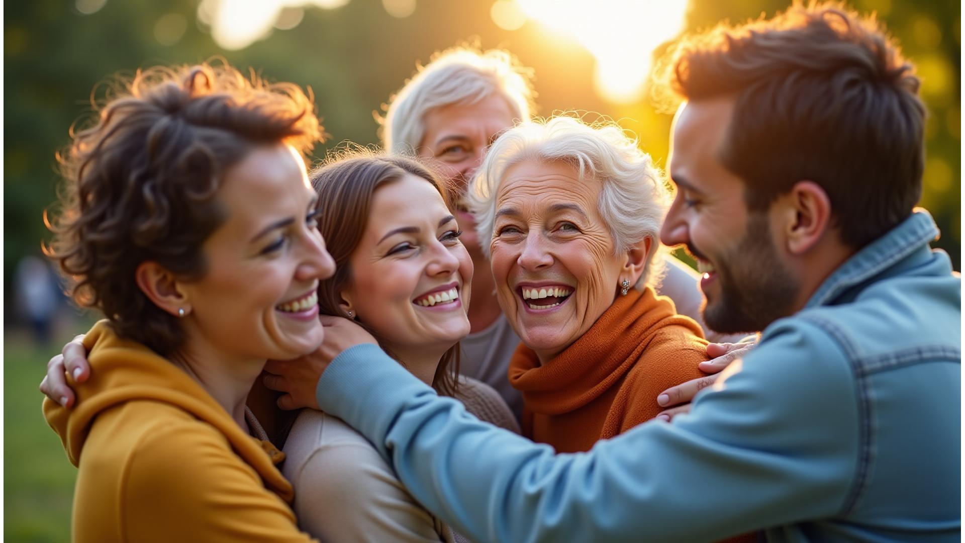 Lachende Familie umarmen sich im warmen Licht, symbolisiert Hoffnung und Gemeinschaft in Berlin.